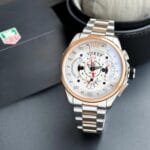 Luxury Stainless Steel Chronograph – White Face, Rose Gold Bezel
