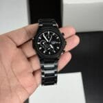 Luxury Black Chronograph Timepiece – 40mm Round Dial, Steel Chain Band