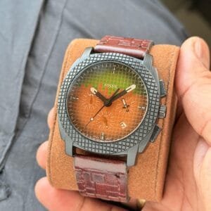 Men's Watch with Brown Leather Strap and Textured Dial Design