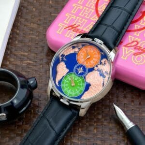 Men's 7AAA Automatic Dual Time Watch | 43mm Steel, Leather, Sapphire Crystal