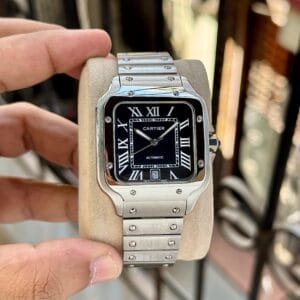 42mm Black Square Dial Watch | Automatic Movement, Silver Steel Bracelet