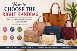 How to Choose the Right Handbag infographic showing handbags for different occasions with expert tips from a Women's Handbag Buying Guide, explaining How to Choose a Handbag, helping you find the Best Handbag for Women using a complete Ladies Handbag Guide.