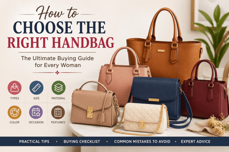 How to Choose the Right Handbag infographic showing handbags for different occasions with expert tips from a Women's Handbag Buying Guide, explaining How to Choose a Handbag, helping you find the Best Handbag for Women using a complete Ladies Handbag Guide.