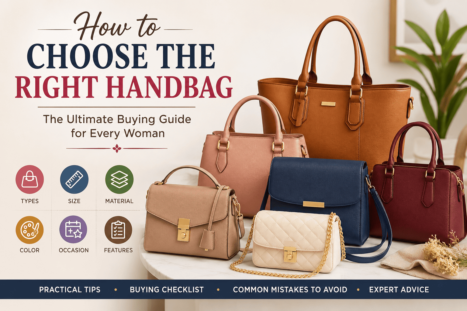 How to Choose the Right Handbag infographic showing handbags for different occasions with expert tips from a Women's Handbag Buying Guide, explaining How to Choose a Handbag, helping you find the Best Handbag for Women using a complete Ladies Handbag Guide.