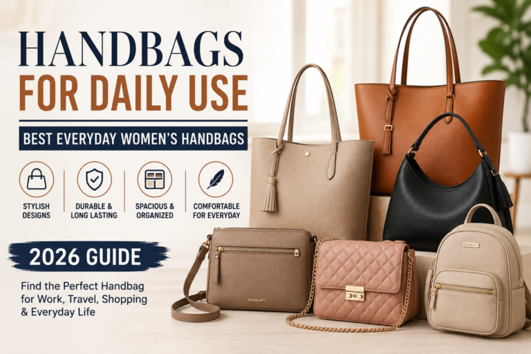 Comparison infographic showing Handbags for Daily Use, Everyday Handbags for Women, Daily Use Handbags for Ladies, Best Handbags for Everyday Use, and Casual Handbags for Women, comparing shoulder bags, tote bags, crossbody bags, hobo bags, bucket bags, satchel bags, and backpack handbags by storage, comfort, versatility, and ideal use.