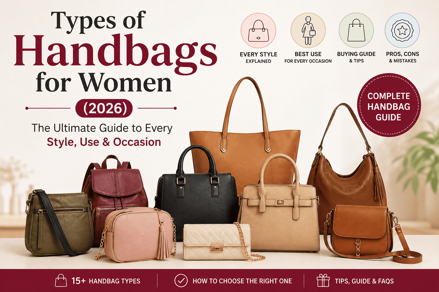 Best Handbag Types for Every Occasion infographic featuring Types of Handbags for Women, Different Types of Handbags, Women's Handbag Styles, Popular Handbag Types and Ladies Handbag Types for work, travel, shopping, parties and everyday use.