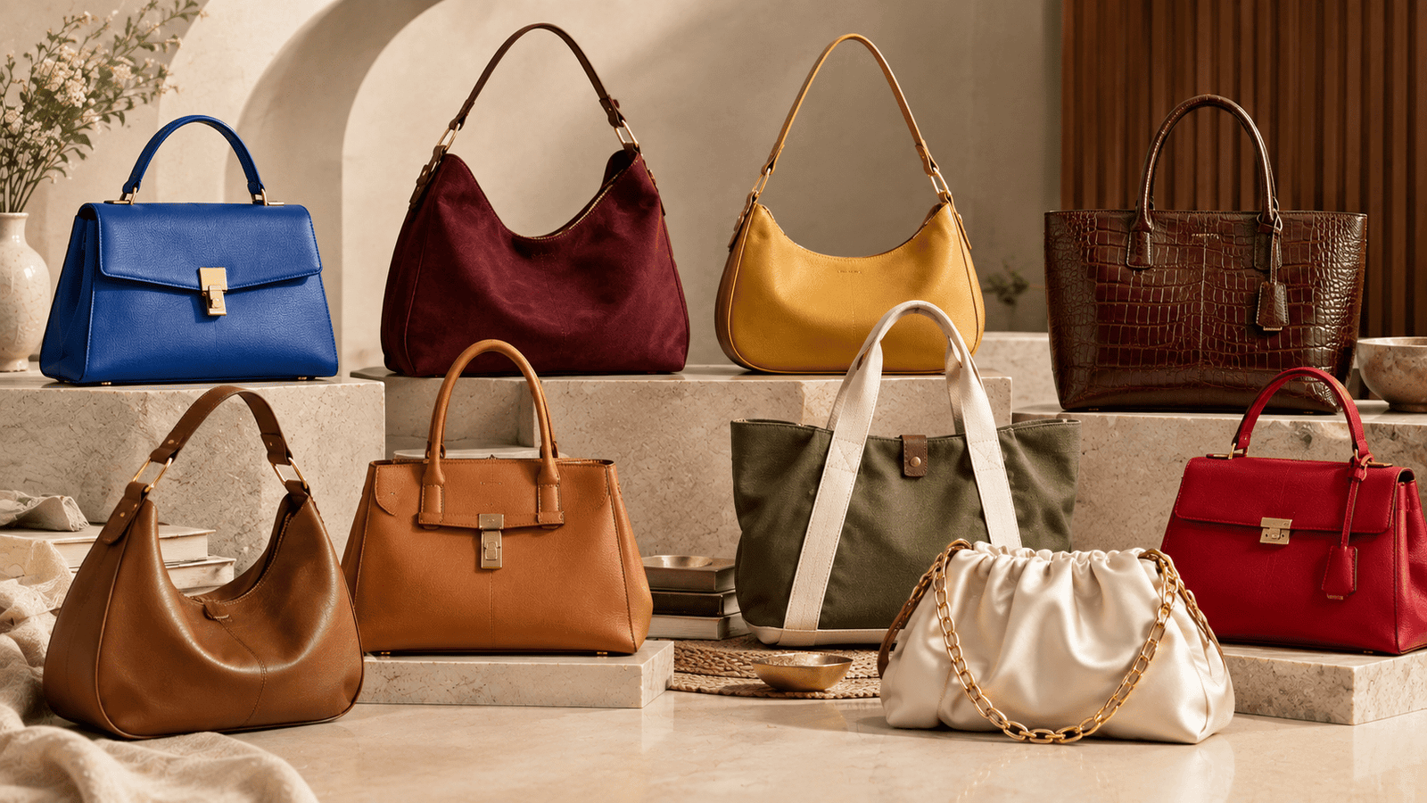 Trending handbag colours and materials including cobalt blue, burgundy, brown, cream, suede, leather, satin and textured finishes
